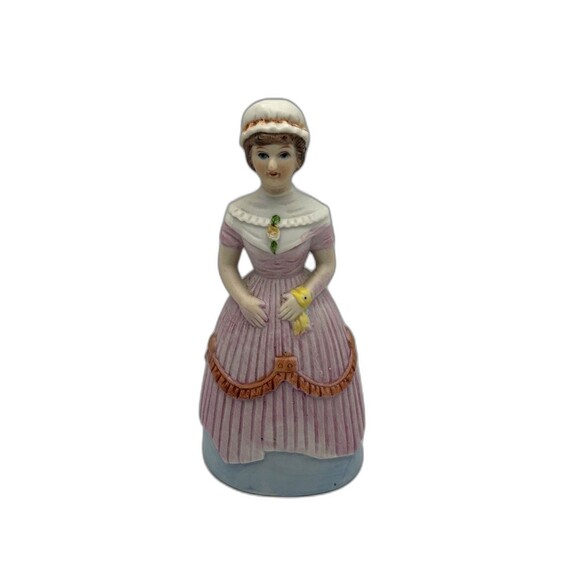 Vintage Victorian Lady Ceramic Bell Figurine In Layered Dress, Hat With Hankie - Picture 10 of 10
